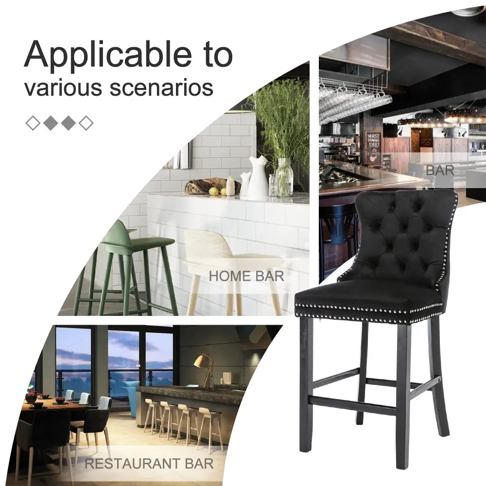 6X Velvet Bar Stools with Studs Trim Wooden Legs Tufted Dining Chairs Kitchen - Furniture > Bar Stools & Chairs