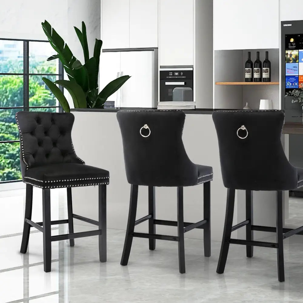6X Velvet Bar Stools with Studs Trim Wooden Legs Tufted Dining Chairs Kitchen - Furniture > Bar Stools & Chairs
