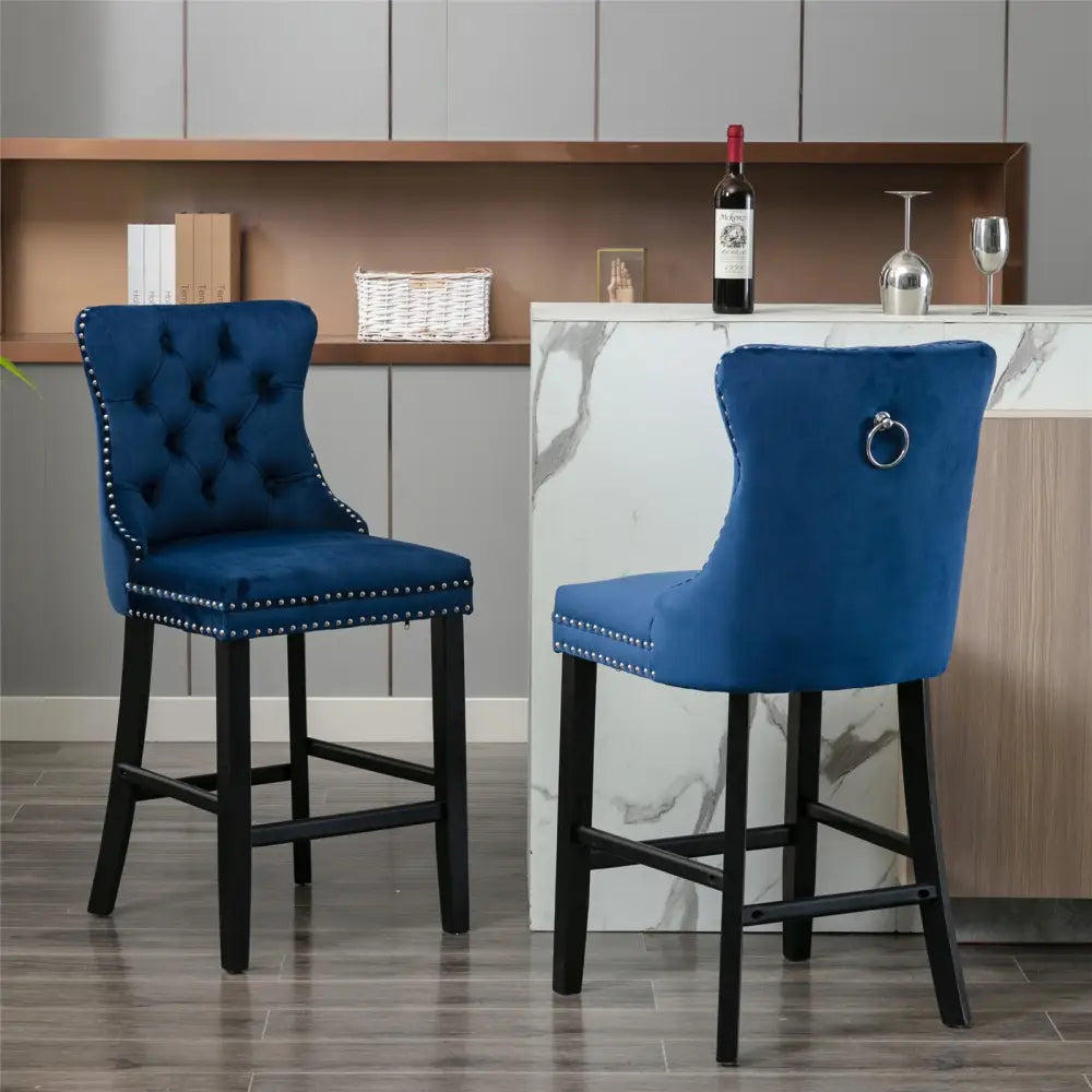 6X Velvet Bar Stools with Studs Trim Wooden Legs Tufted Dining Chairs Kitchen - Furniture > Bar Stools & Chairs