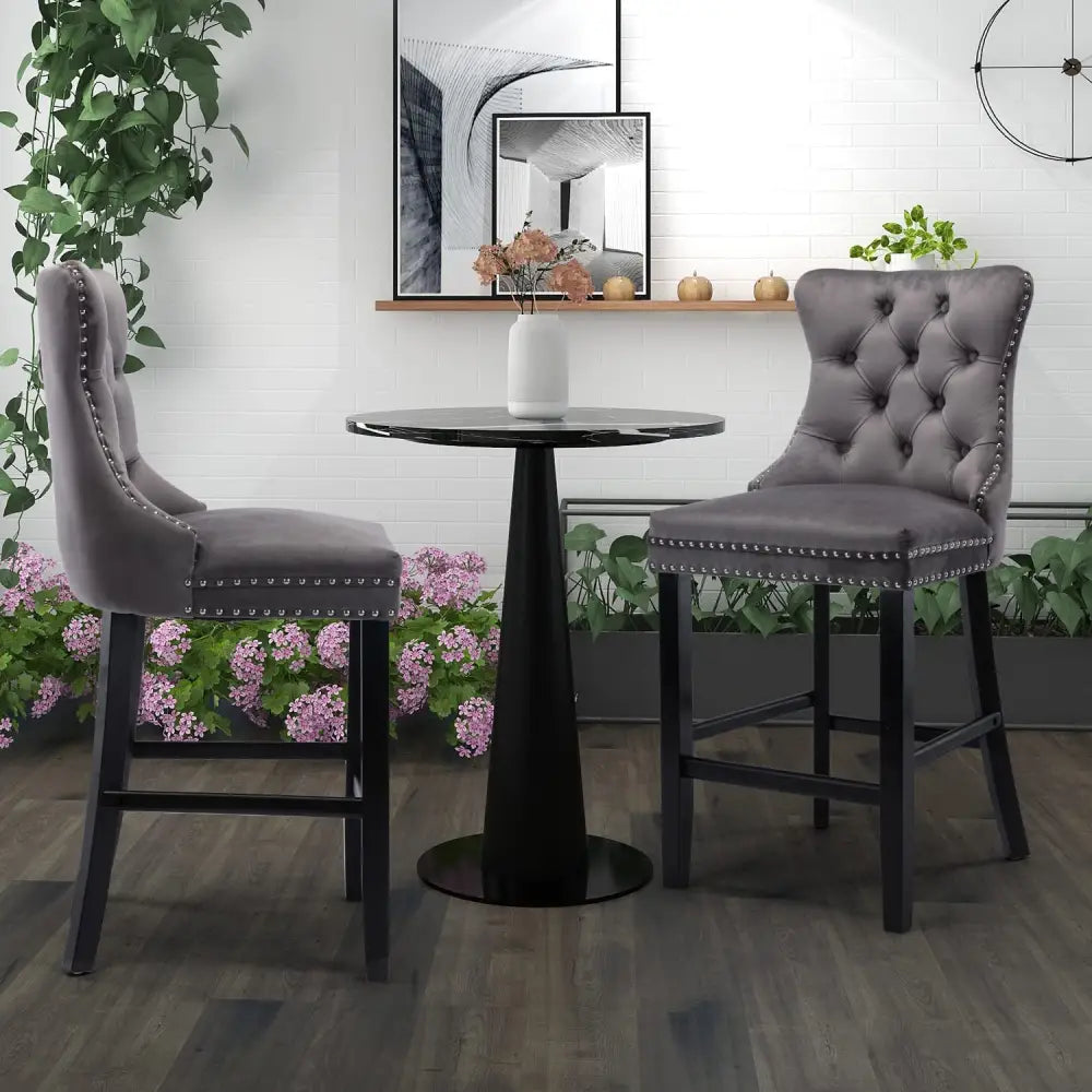 6X Velvet Bar Stools with Studs Trim Wooden Legs Tufted Dining Chairs Kitchen - Furniture > Bar Stools & Chairs