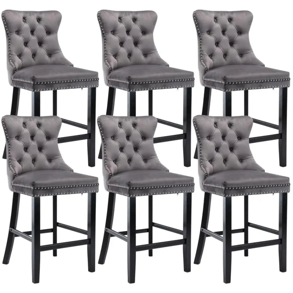 6X Velvet Bar Stools with Studs Trim Wooden Legs Tufted Dining Chairs Kitchen - Furniture > Bar Stools & Chairs