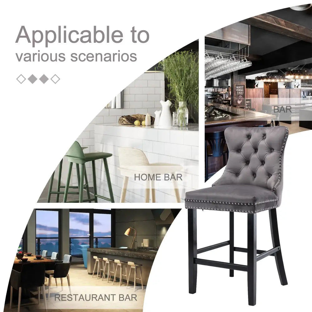 6X Velvet Bar Stools with Studs Trim Wooden Legs Tufted Dining Chairs Kitchen - Furniture > Bar Stools & Chairs