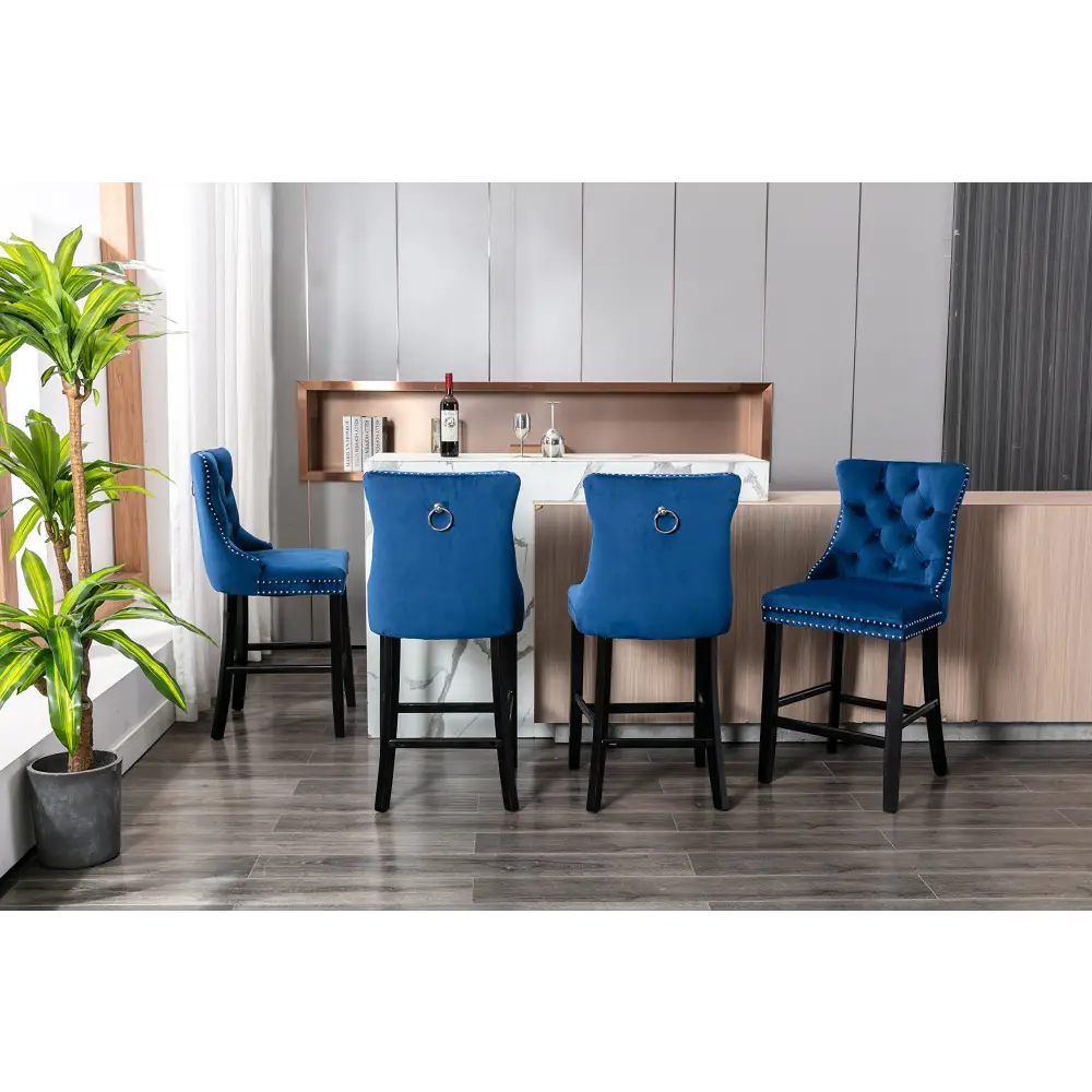 6X Velvet Bar Stools with Studs Trim Wooden Legs Tufted Dining Chairs Kitchen - Furniture > Bar Stools & Chairs