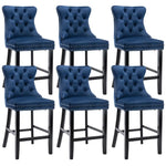 6X Velvet Bar Stools with Studs Trim Wooden Legs Tufted Dining Chairs Kitchen - Furniture > Bar Stools & Chairs