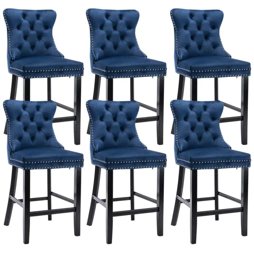 6X Velvet Bar Stools with Studs Trim Wooden Legs Tufted Dining Chairs Kitchen - Furniture > Bar Stools & Chairs