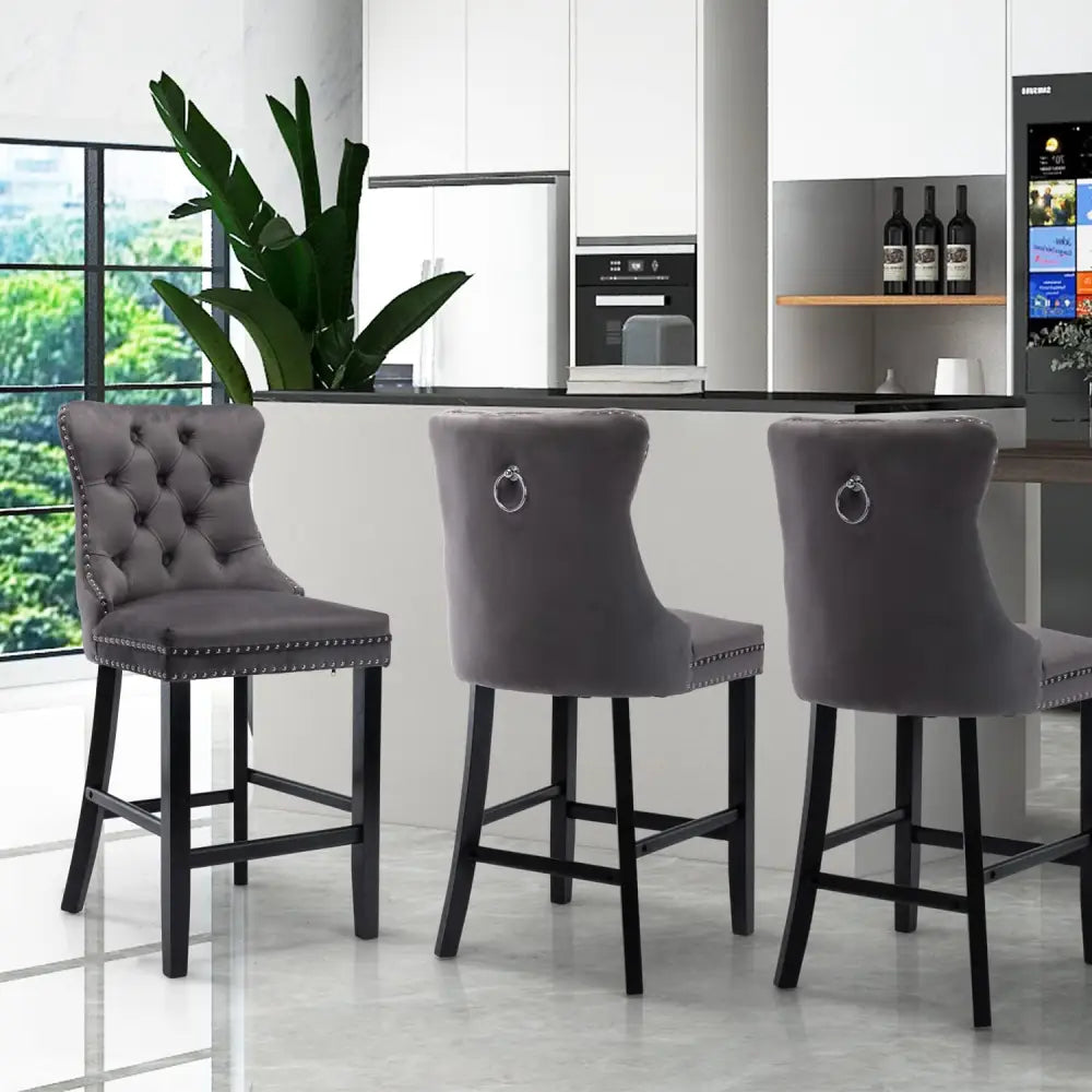 6X Velvet Bar Stools with Studs Trim Wooden Legs Tufted Dining Chairs Kitchen - Furniture > Bar Stools & Chairs