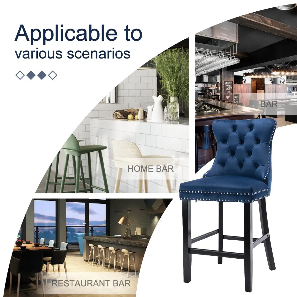6X Velvet Bar Stools with Studs Trim Wooden Legs Tufted Dining Chairs Kitchen - Furniture > Bar Stools & Chairs