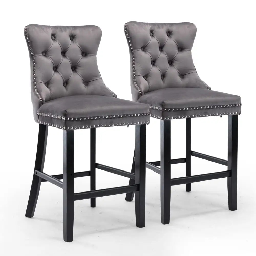 6X Velvet Bar Stools with Studs Trim Wooden Legs Tufted Dining Chairs Kitchen - Furniture > Bar Stools & Chairs
