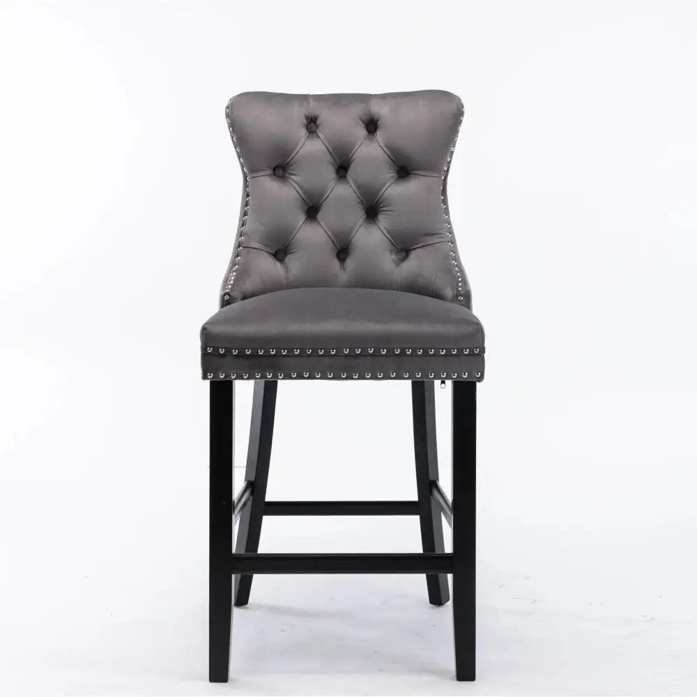 6X Velvet Bar Stools with Studs Trim Wooden Legs Tufted Dining Chairs Kitchen - Furniture > Bar Stools & Chairs