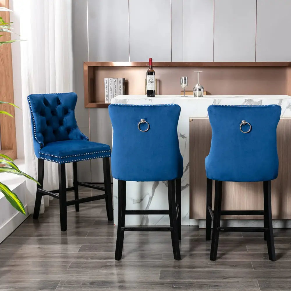 6X Velvet Bar Stools with Studs Trim Wooden Legs Tufted Dining Chairs Kitchen - Furniture > Bar Stools & Chairs