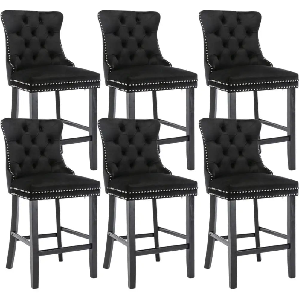 6X Velvet Bar Stools with Studs Trim Wooden Legs Tufted Dining Chairs Kitchen - Furniture > Bar Stools & Chairs