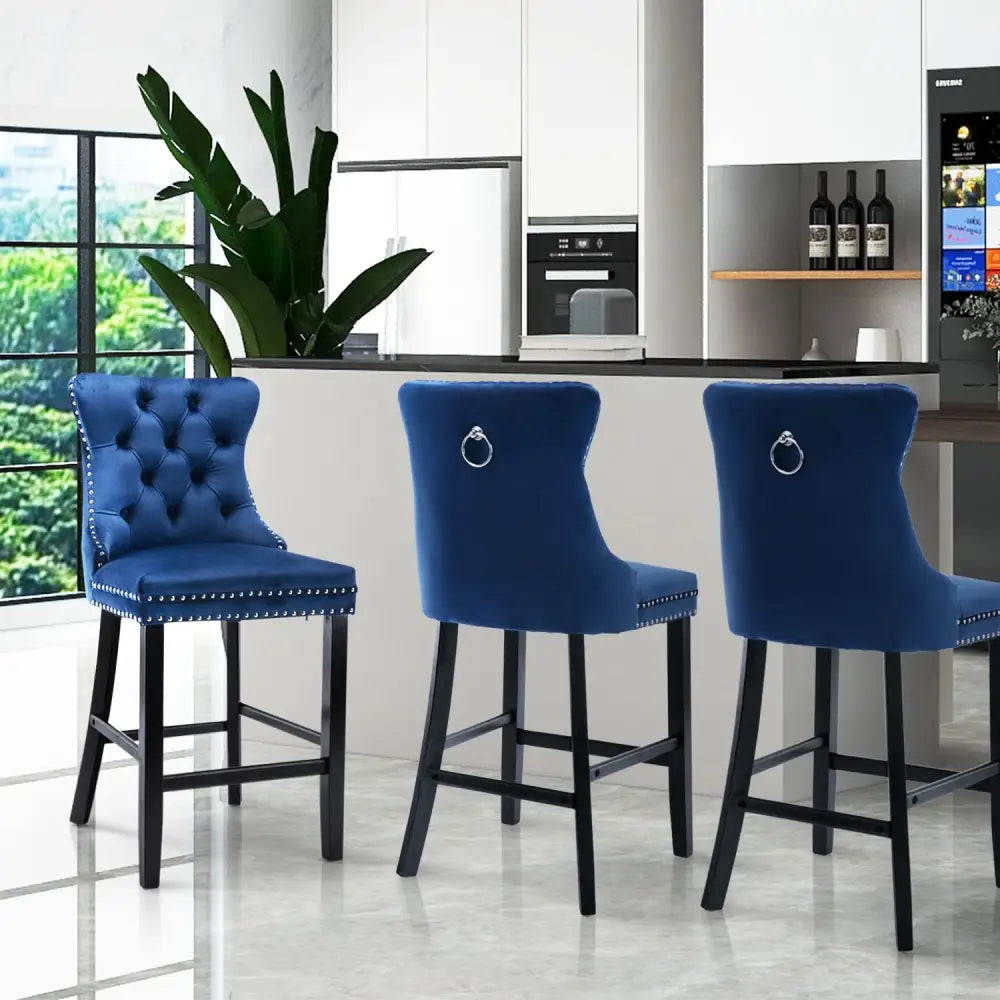 6X Velvet Bar Stools with Studs Trim Wooden Legs Tufted Dining Chairs Kitchen - Furniture > Bar Stools & Chairs