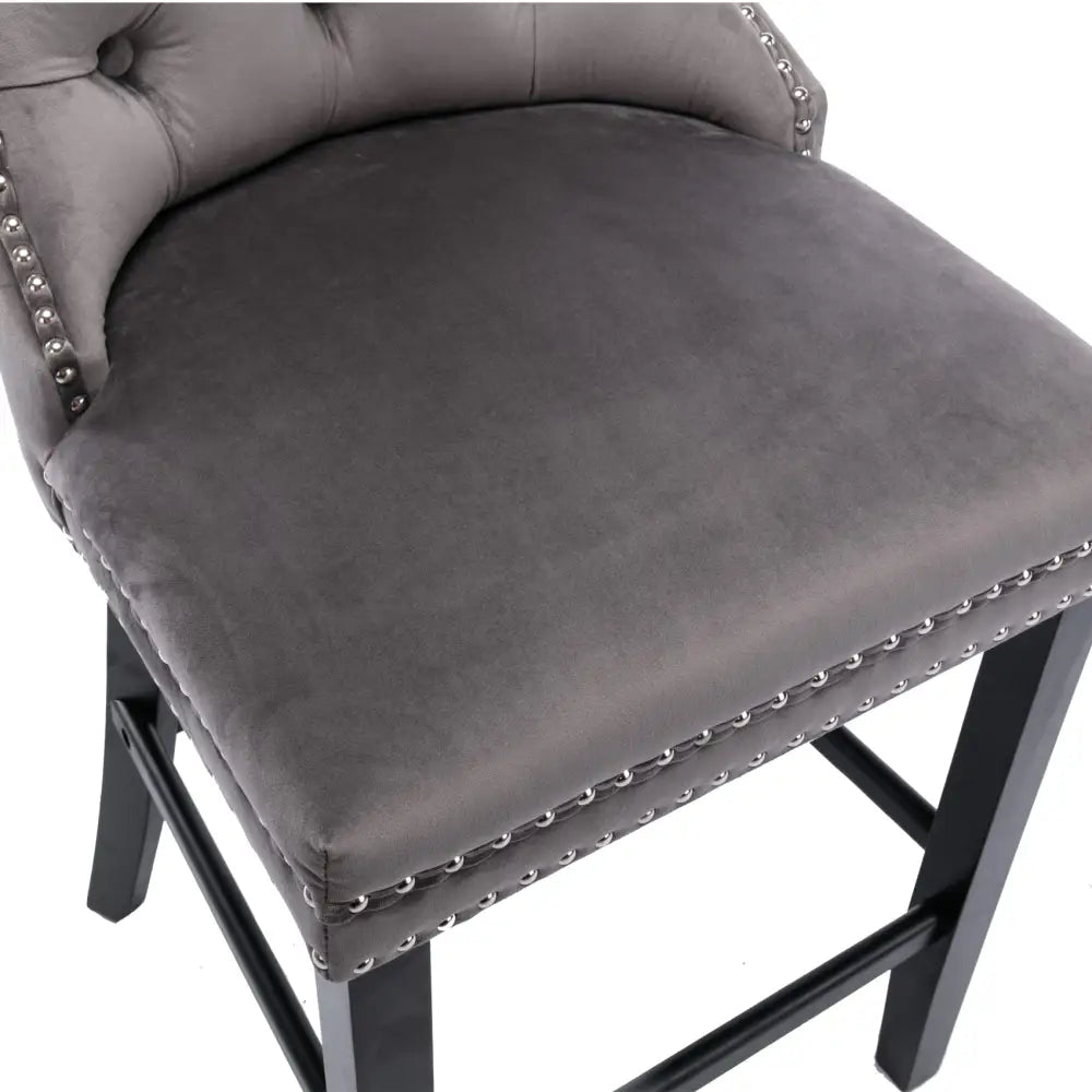 6X Velvet Bar Stools with Studs Trim Wooden Legs Tufted Dining Chairs Kitchen - Furniture > Bar Stools & Chairs