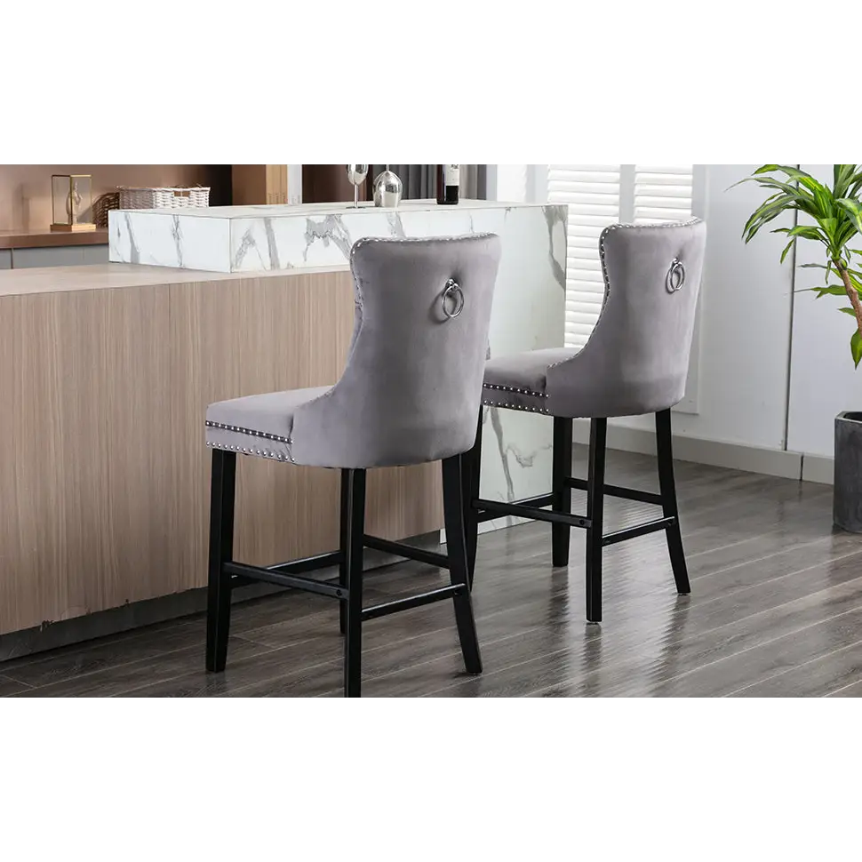 6X Velvet Bar Stools with Studs Trim Wooden Legs Tufted Dining Chairs Kitchen - Furniture > Bar Stools & Chairs
