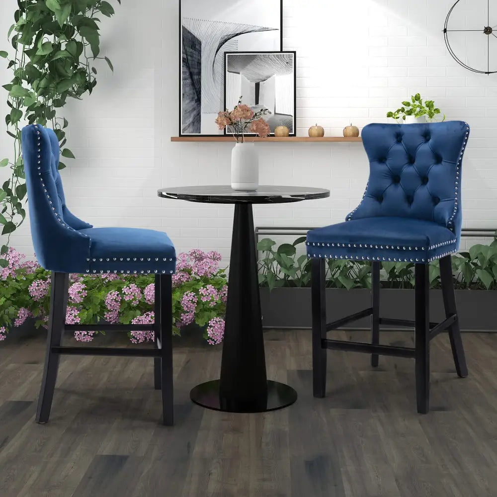 6X Velvet Bar Stools with Studs Trim Wooden Legs Tufted Dining Chairs Kitchen - Furniture > Bar Stools & Chairs