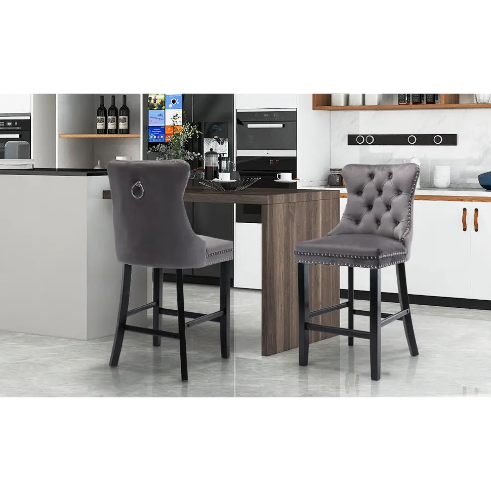 6X Velvet Bar Stools with Studs Trim Wooden Legs Tufted Dining Chairs Kitchen - Furniture > Bar Stools & Chairs