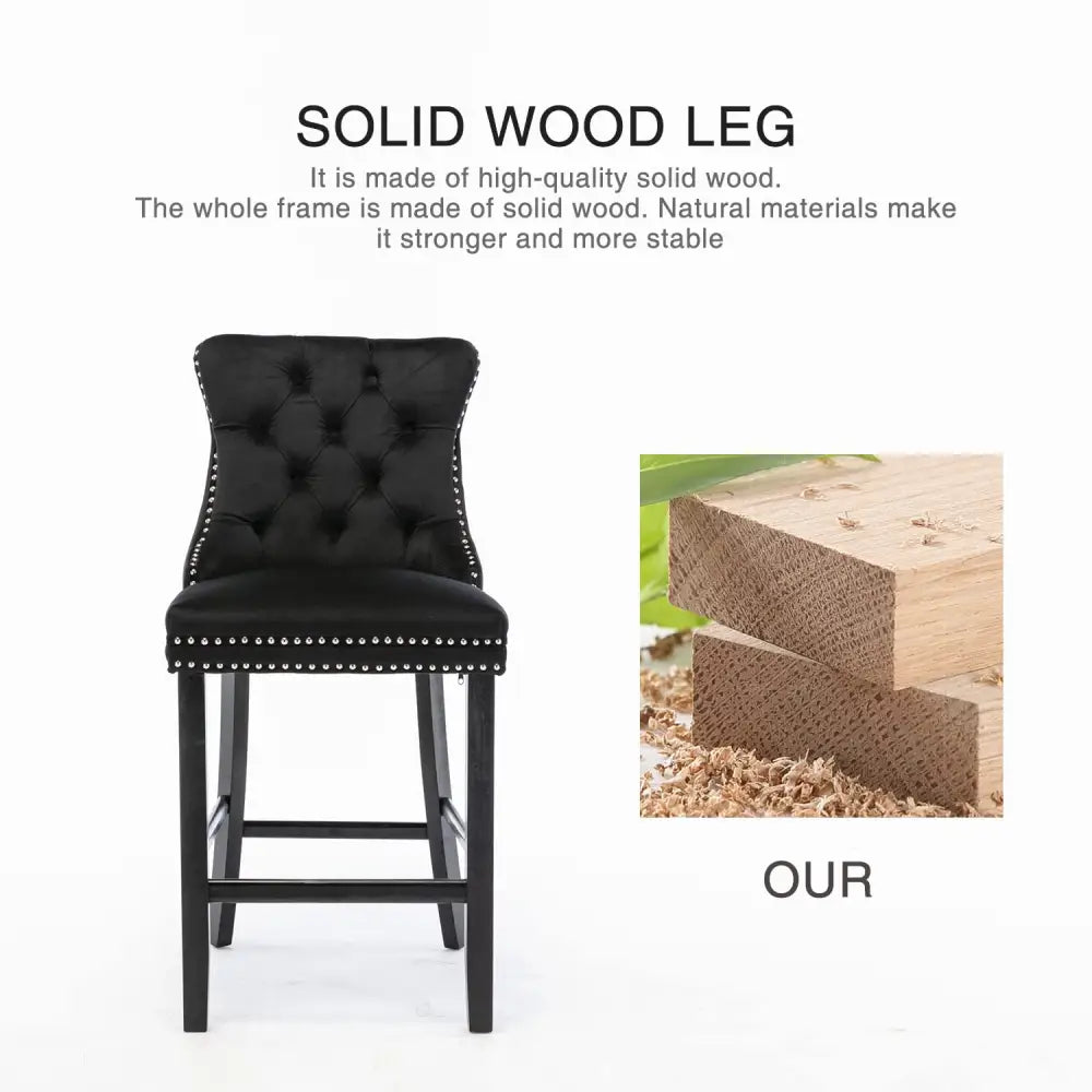 6X Velvet Bar Stools with Studs Trim Wooden Legs Tufted Dining Chairs Kitchen - Furniture > Bar Stools & Chairs