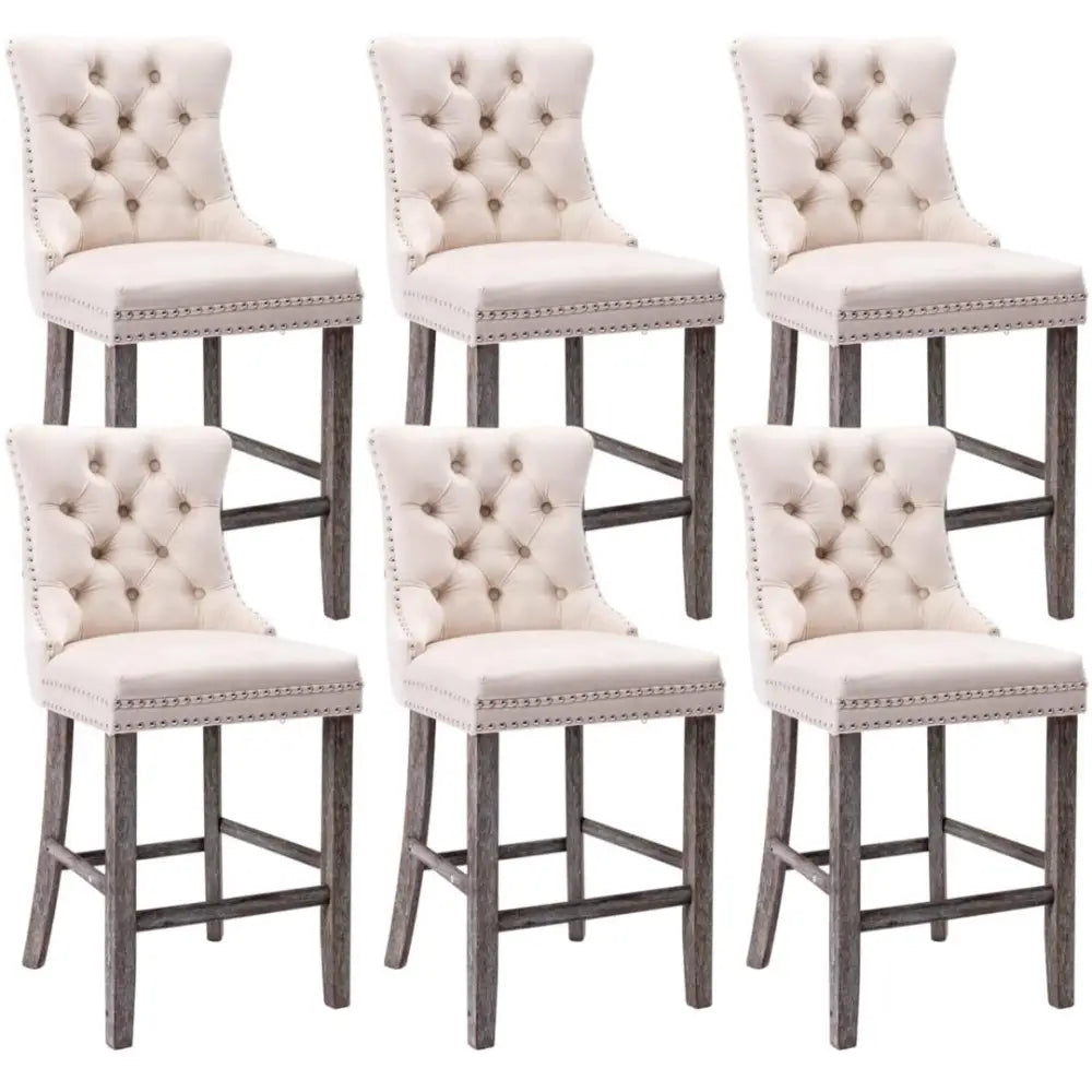 6X Velvet Bar Stools with Studs Trim Wooden Legs Tufted Dining Chairs Kitchen - Furniture > Bar Stools & Chairs