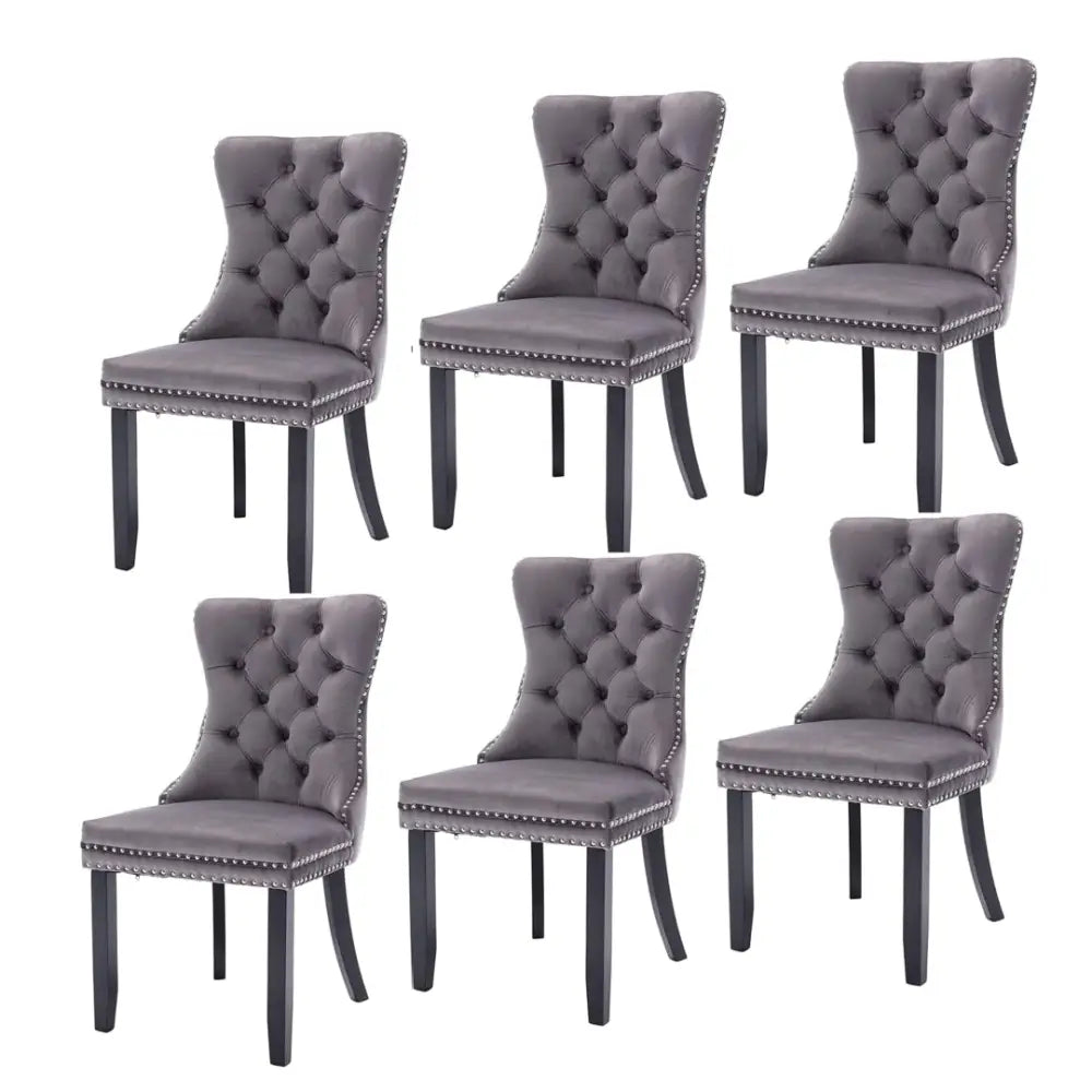 6x Velvet Dining Chairs Upholstered Tufted Kithcen Chair with Solid Wood Legs Stud Trim and Ring-Gray - Furniture > Bar