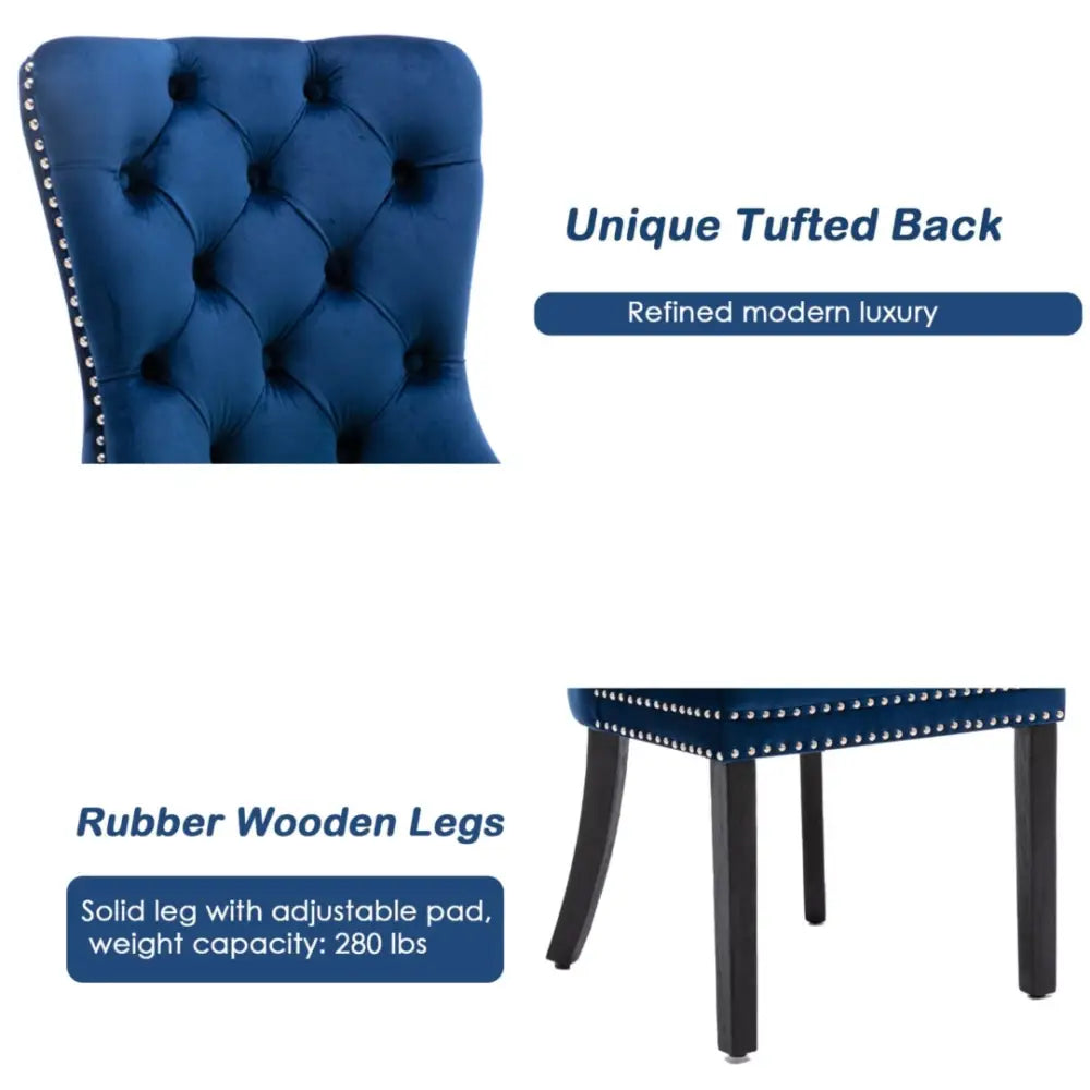 6x Velvet Dining Chairs Upholstered Tufted Kithcen Chair with Solid Wood Legs Stud Trim and Ring-Blue - Furniture > Bar