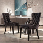 6x Velvet Dining Chairs Upholstered Tufted Kithcen Chair with Solid Wood Legs Stud Trim and Ring-Black - Furniture >