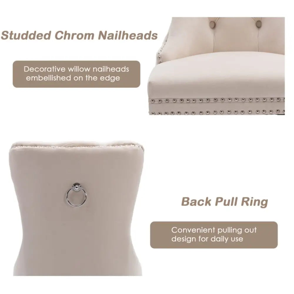 6x Velvet Dining Chairs Upholstered Tufted Kithcen Chair with Solid Wood Legs Stud Trim and Ring-Beige - Furniture >