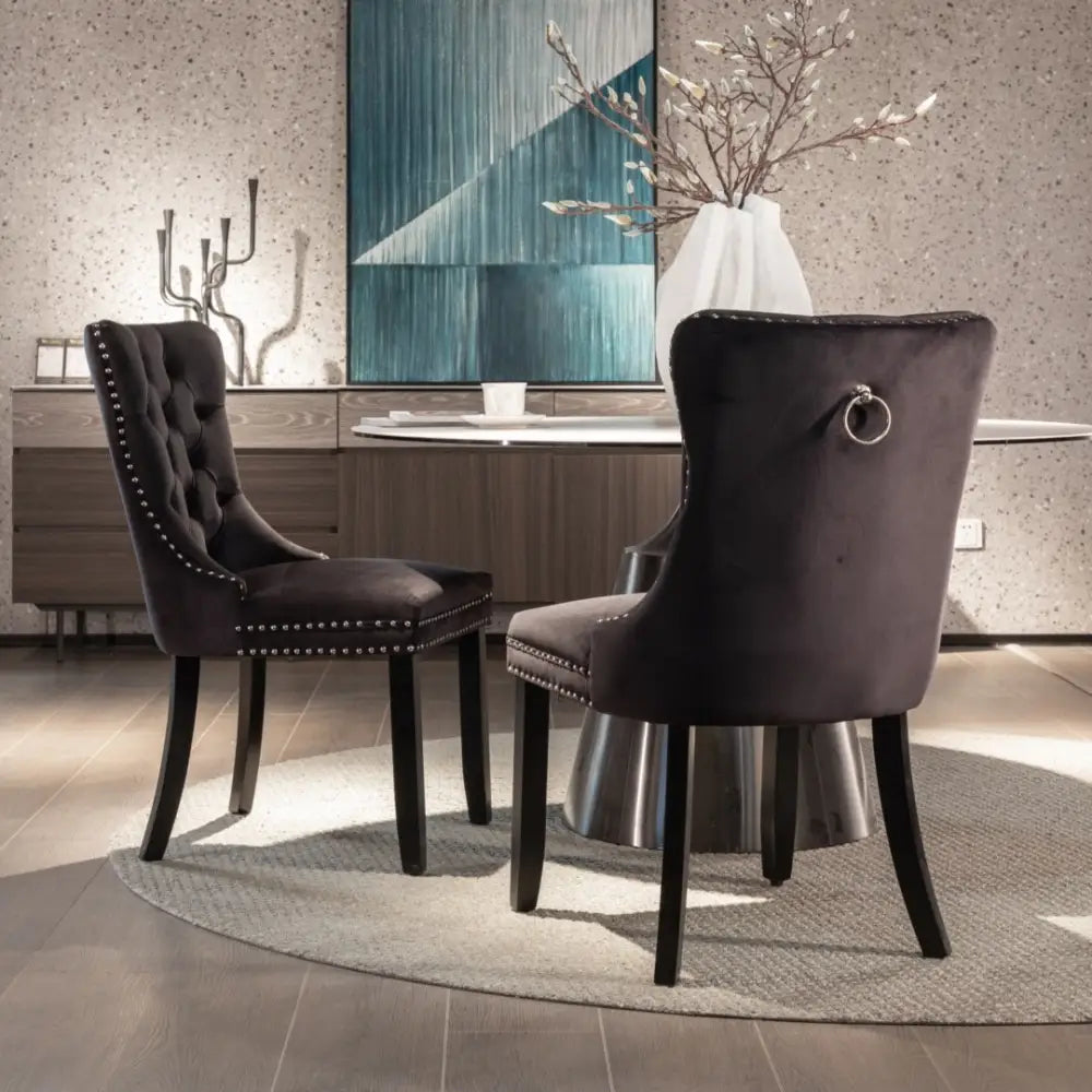 6x Velvet Dining Chairs Upholstered Tufted Kithcen Chair with Solid Wood Legs Stud Trim and Ring-Black - Furniture >