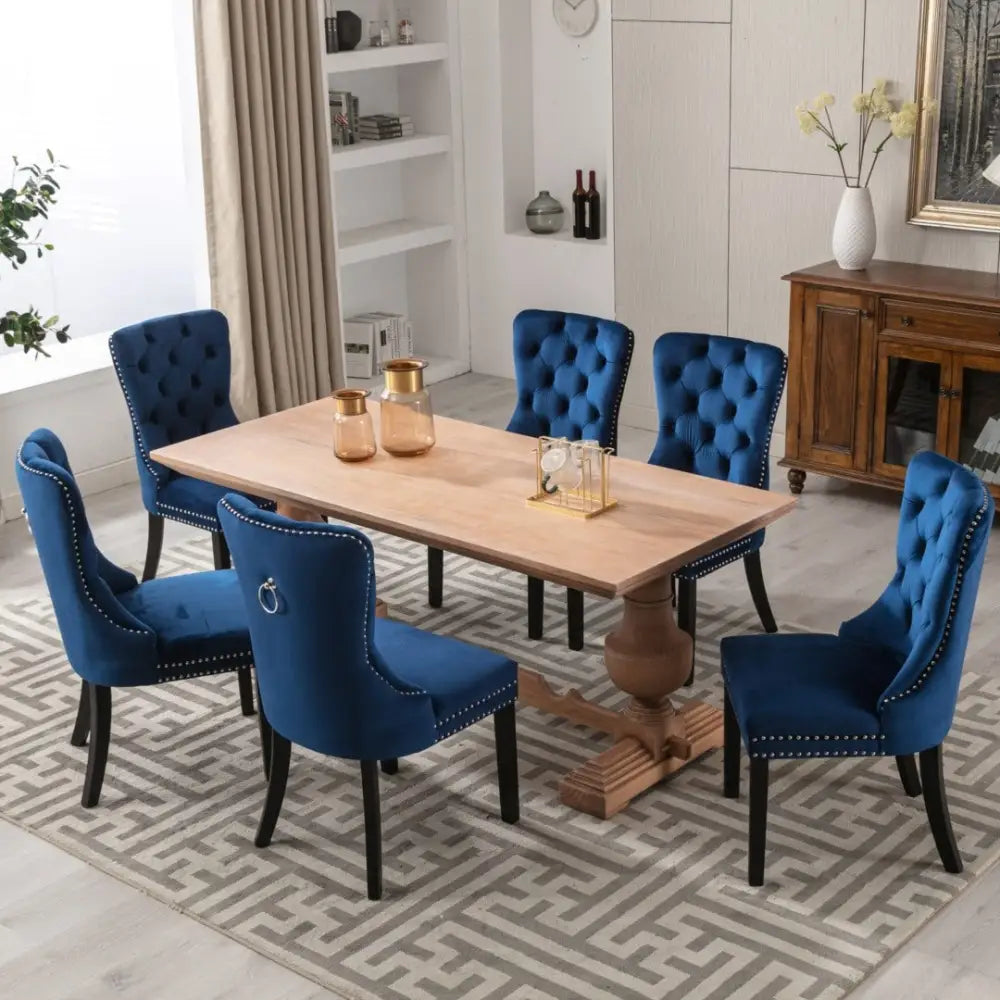 6x Velvet Dining Chairs Upholstered Tufted Kithcen Chair with Solid Wood Legs Stud Trim and Ring-Blue - Furniture > Bar