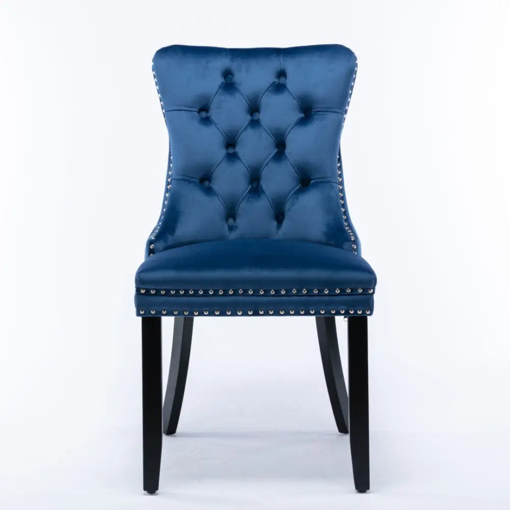 6x Velvet Dining Chairs Upholstered Tufted Kithcen Chair with Solid Wood Legs Stud Trim and Ring-Blue - Furniture > Bar