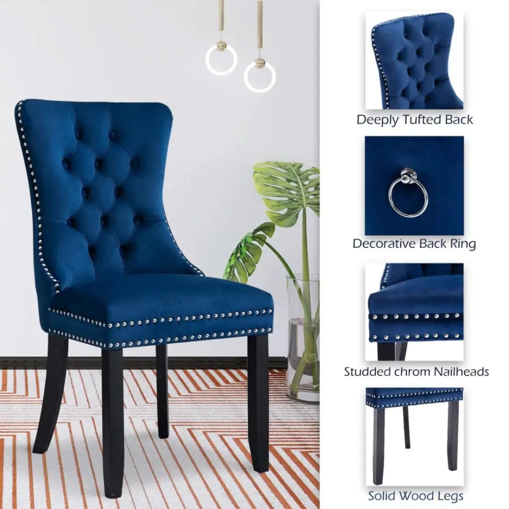 6x Velvet Dining Chairs Upholstered Tufted Kithcen Chair with Solid Wood Legs Stud Trim and Ring-Blue - Furniture > Bar