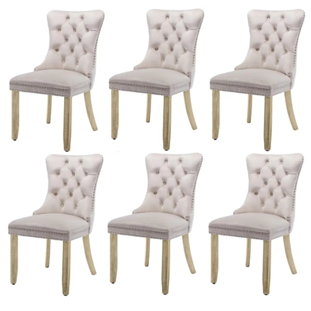 6x Velvet Dining Chairs Upholstered Tufted Kithcen Chair with Solid Wood Legs Stud Trim and Ring-Beige - Furniture >