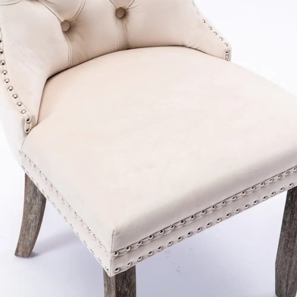 6x Velvet Dining Chairs Upholstered Tufted Kithcen Chair with Solid Wood Legs Stud Trim and Ring-Beige - Furniture >