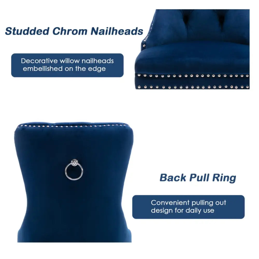 6x Velvet Dining Chairs Upholstered Tufted Kithcen Chair with Solid Wood Legs Stud Trim and Ring-Blue - Furniture > Bar