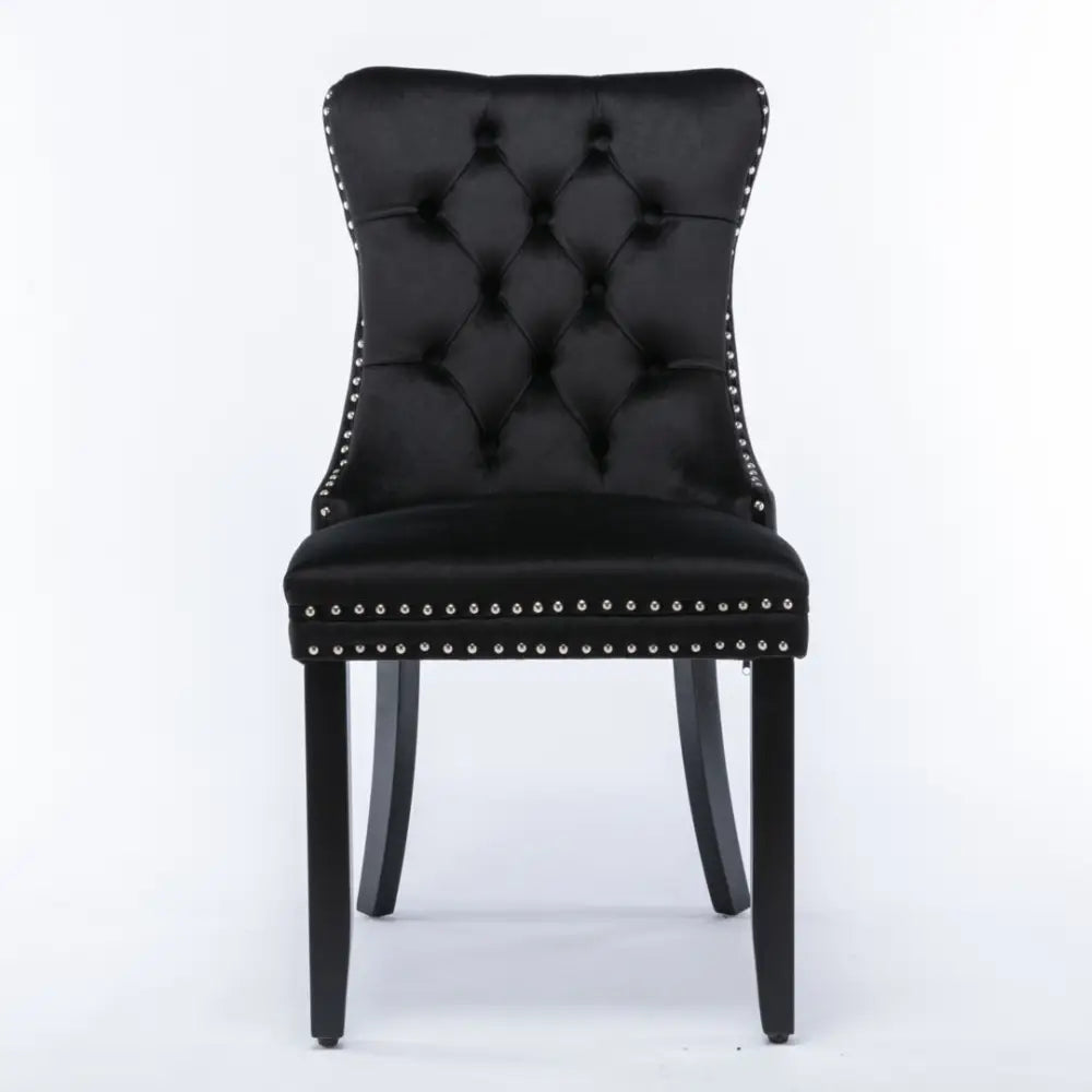 6x Velvet Dining Chairs Upholstered Tufted Kithcen Chair with Solid Wood Legs Stud Trim and Ring-Black - Furniture >