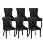 6x Velvet Dining Chairs Upholstered Tufted Kithcen Chair with Solid Wood Legs Stud Trim and Ring-Black - Furniture >