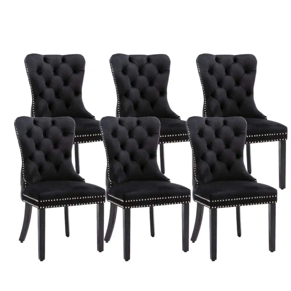 6x Velvet Dining Chairs Upholstered Tufted Kithcen Chair with Solid Wood Legs Stud Trim and Ring-Black - Furniture >