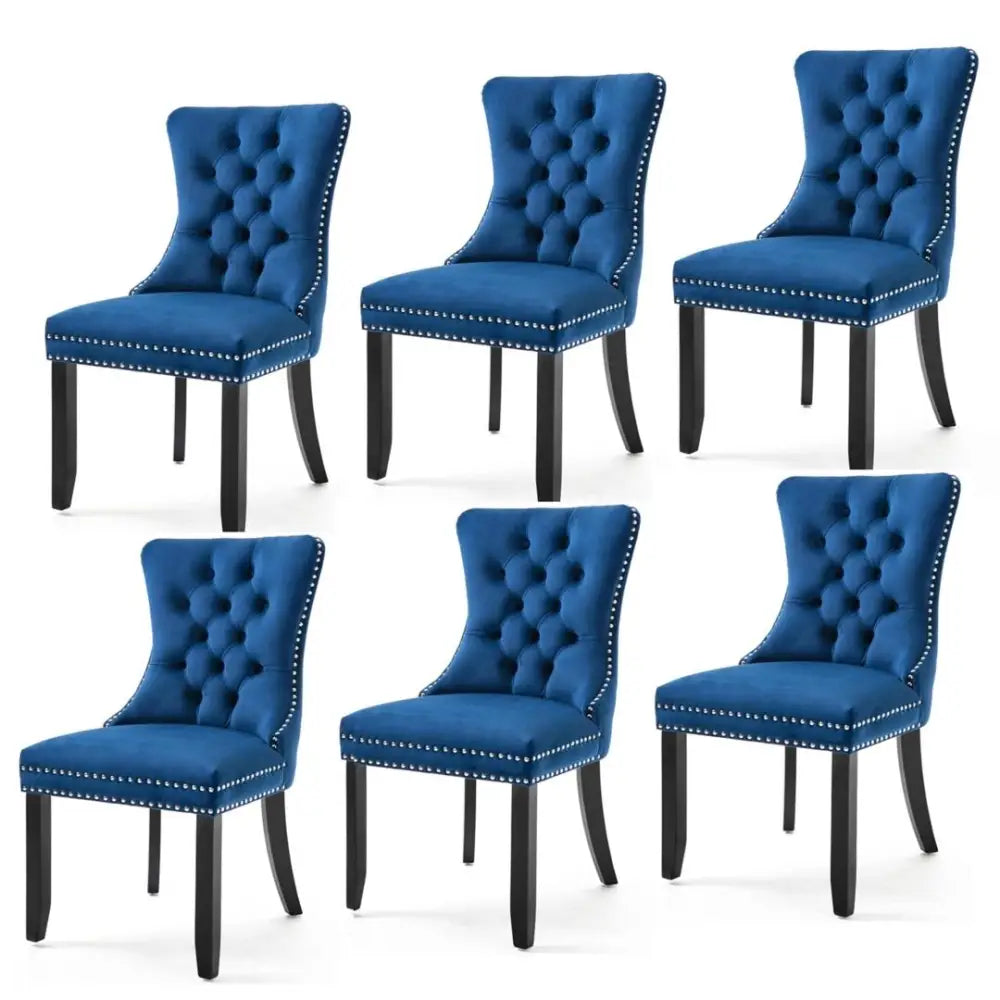 6x Velvet Dining Chairs Upholstered Tufted Kithcen Chair with Solid Wood Legs Stud Trim and Ring-Blue - Furniture > Bar