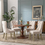 6x Velvet Dining Chairs Upholstered Tufted Kithcen Chair with Solid Wood Legs Stud Trim and Ring-Beige - Furniture >