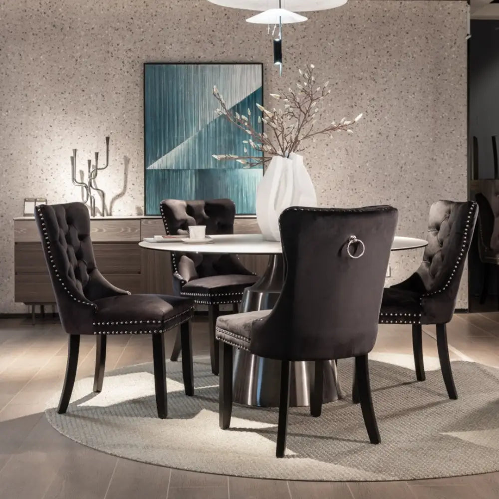 6x Velvet Dining Chairs Upholstered Tufted Kithcen Chair with Solid Wood Legs Stud Trim and Ring-Black - Furniture >