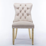 6x Velvet Dining Chairs Upholstered Tufted Kithcen Chair with Solid Wood Legs Stud Trim and Ring-Beige - Furniture >
