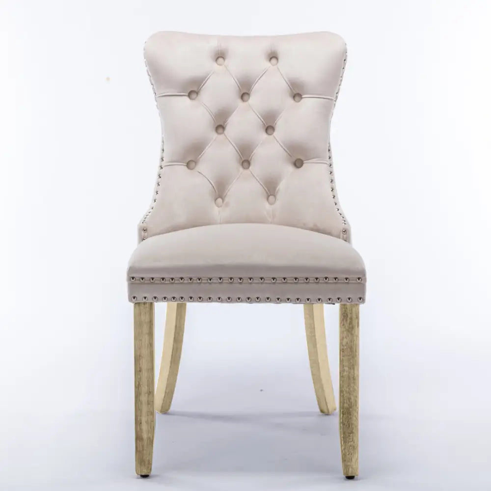 6x Velvet Dining Chairs Upholstered Tufted Kithcen Chair with Solid Wood Legs Stud Trim and Ring-Beige - Furniture >