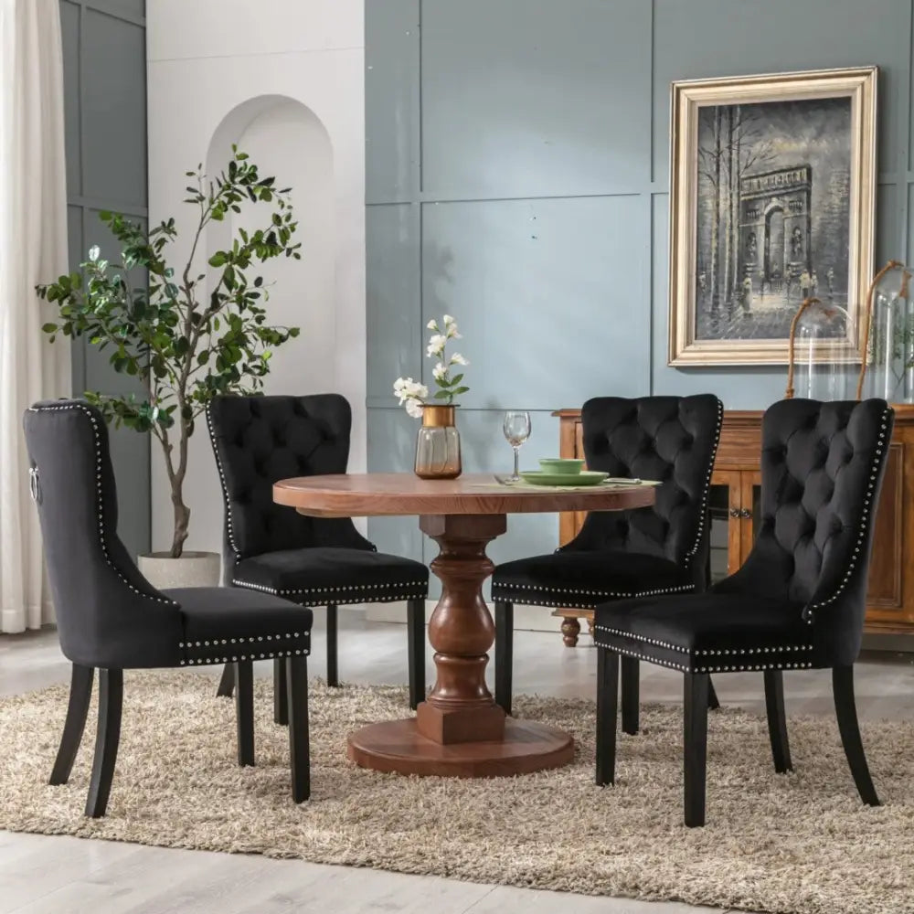 6x Velvet Dining Chairs Upholstered Tufted Kithcen Chair with Solid Wood Legs Stud Trim and Ring-Black - Furniture >