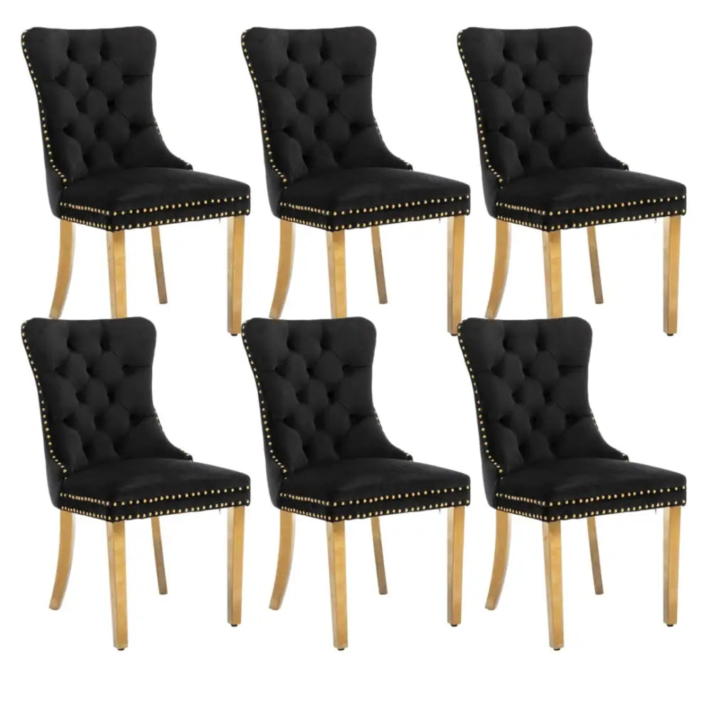 6x Velvet Dining Chairs with Golden Metal Legs-Black - Furniture > Bar Stools & Chairs