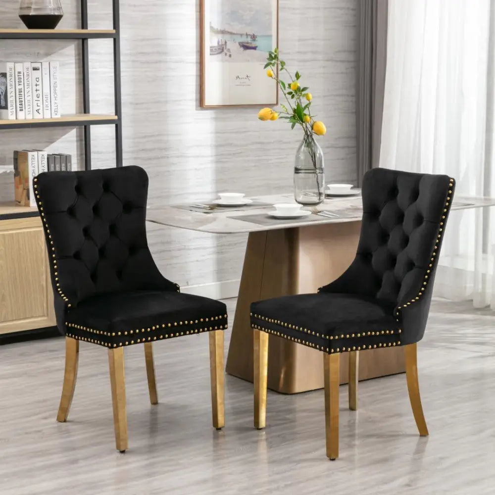 6x Velvet Dining Chairs with Golden Metal Legs-Black - Furniture > Bar Stools & Chairs