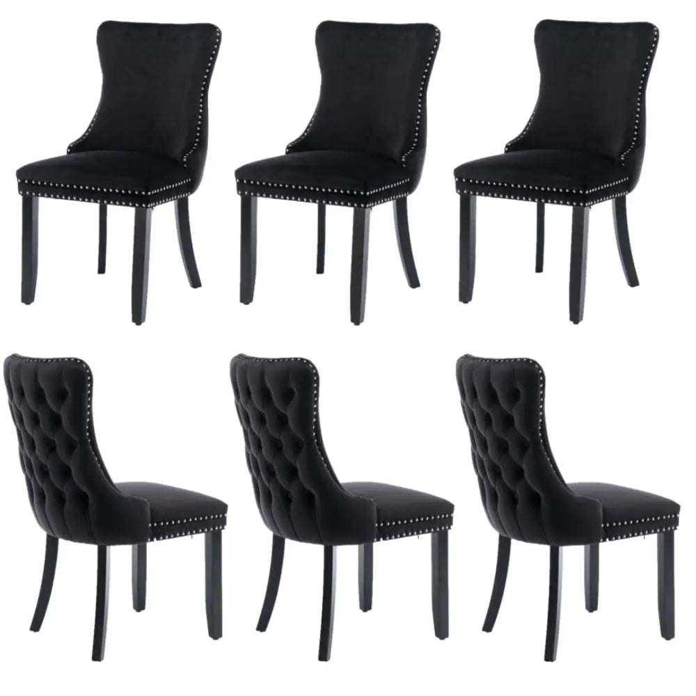 6x Velvet Upholstered Dining Chairs Tufted Wingback Side Chair with Studs Trim Solid Wood Legs for Kitchen - Furniture