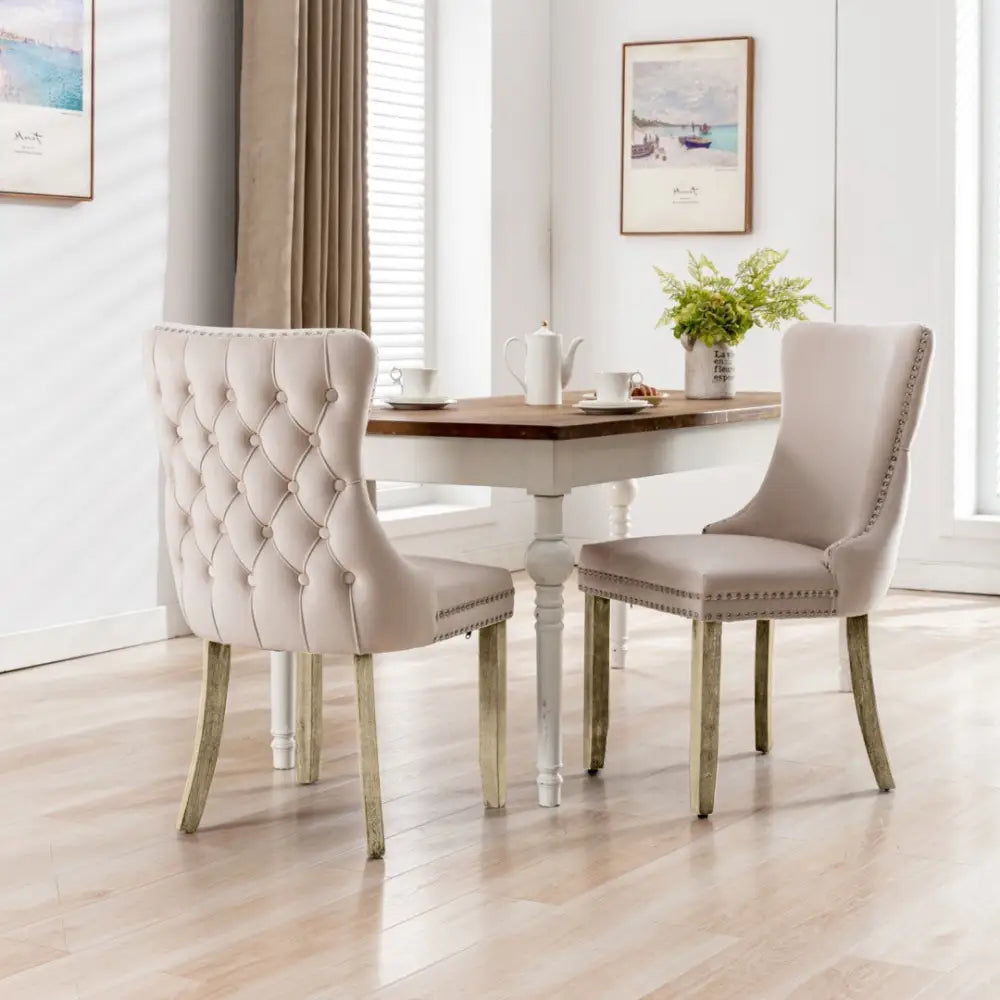 6x Velvet Upholstered Dining Chairs Tufted Wingback Side Chair with Studs Trim Solid Wood Legs for Kitchen - Furniture