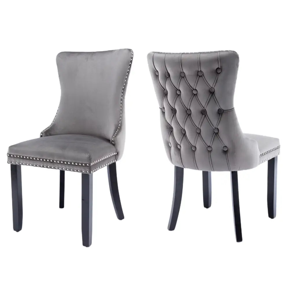 6x Velvet Upholstered Dining Chairs Tufted Wingback Side Chair with Studs Trim Solid Wood Legs for Kitchen - Furniture