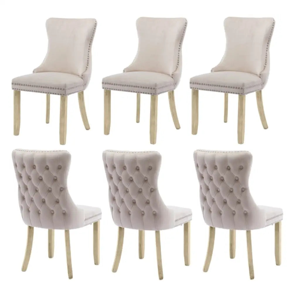 6x Velvet Upholstered Dining Chairs Tufted Wingback Side Chair with Studs Trim Solid Wood Legs for Kitchen - Furniture