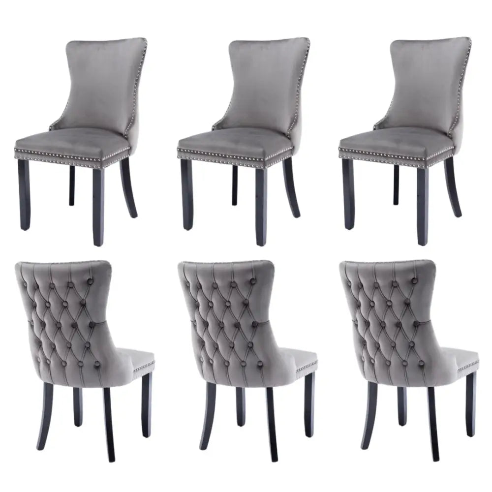 6x Velvet Upholstered Dining Chairs Tufted Wingback Side Chair with Studs Trim Solid Wood Legs for Kitchen - Furniture