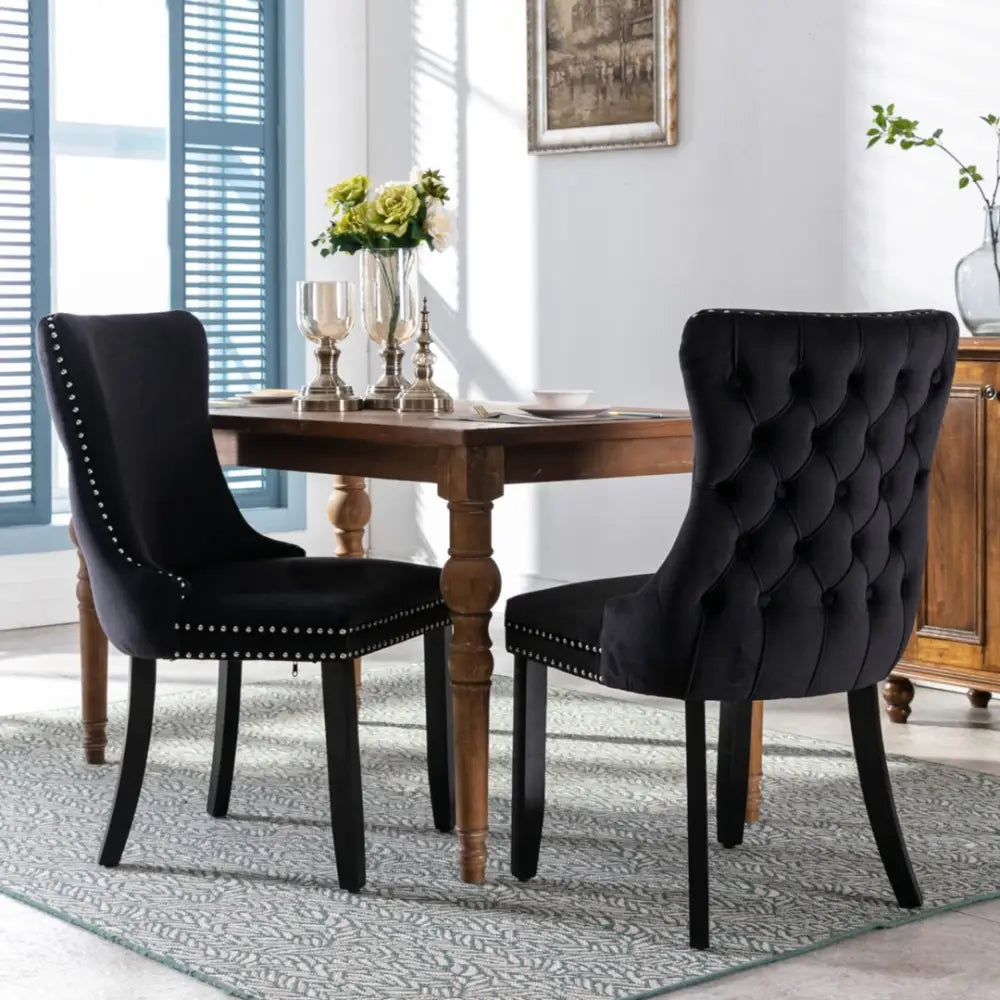 6x Velvet Upholstered Dining Chairs Tufted Wingback Side Chair with Studs Trim Solid Wood Legs for Kitchen - Furniture